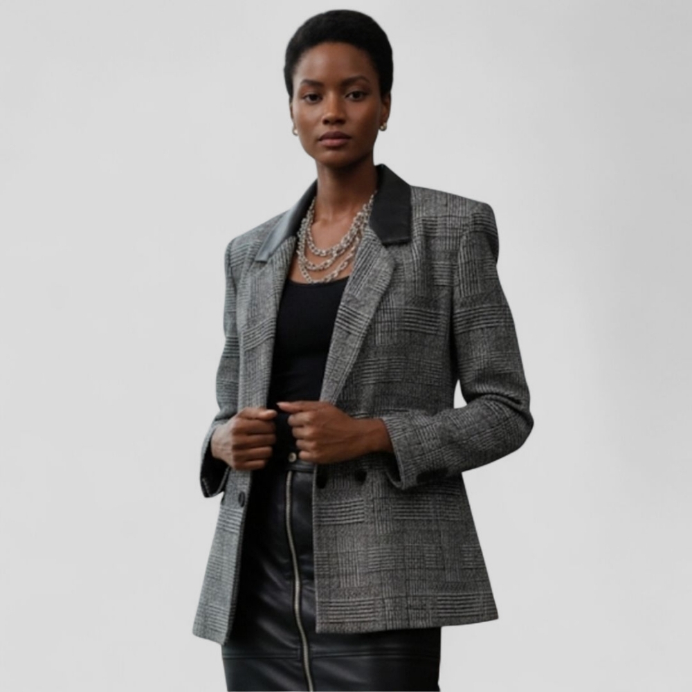 M Genuine Leather Lapels Wool Grey Black Plaid Double Breasted Blazer Poetcore